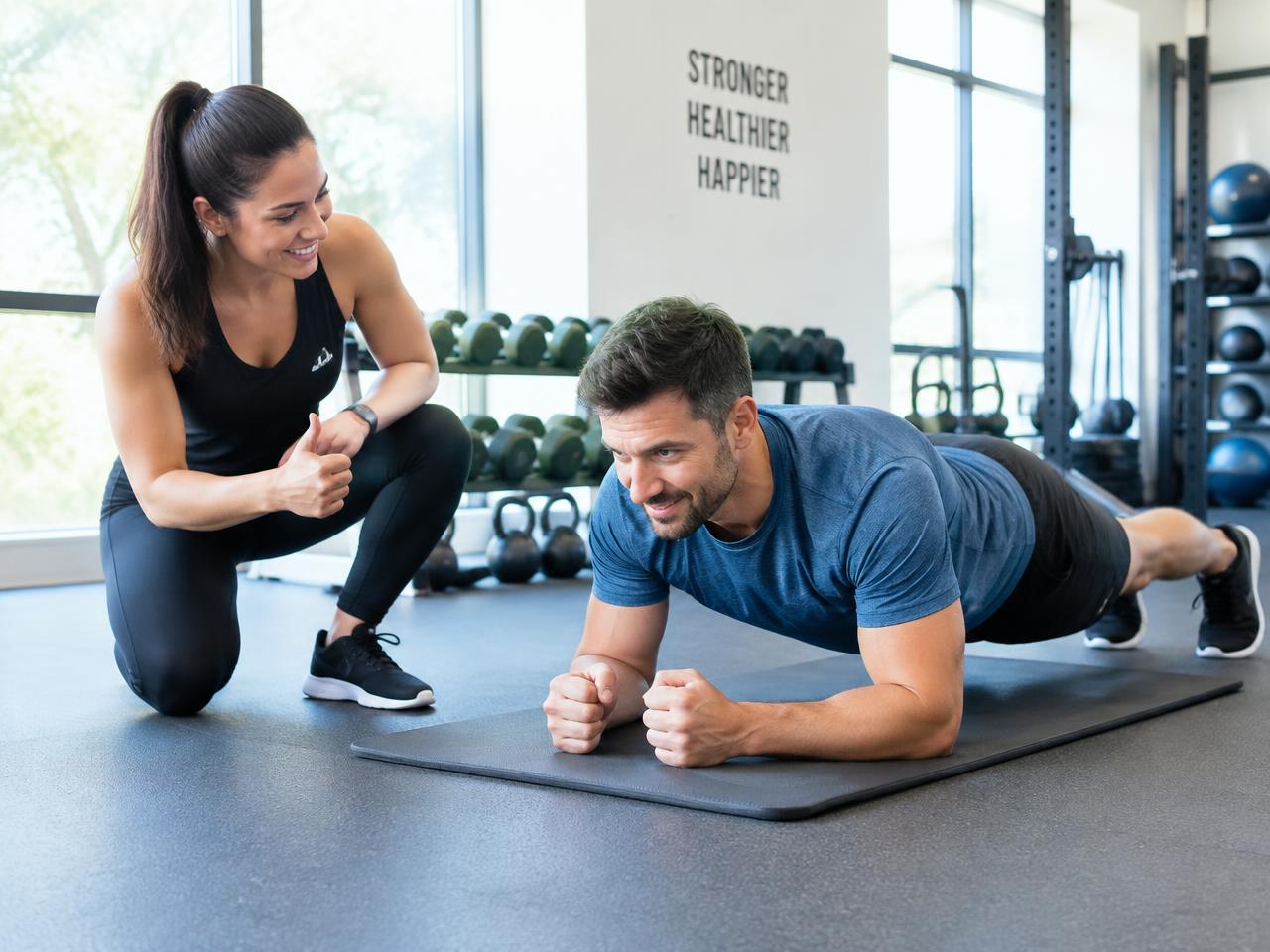 New client holding a forearm plank with encouragement in Rancho Mission Viejo