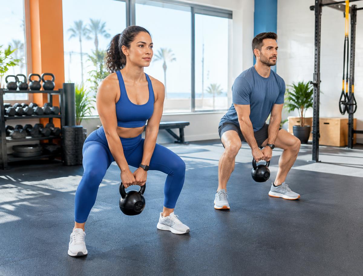 Healthy adults performing coached kettlebell exercises