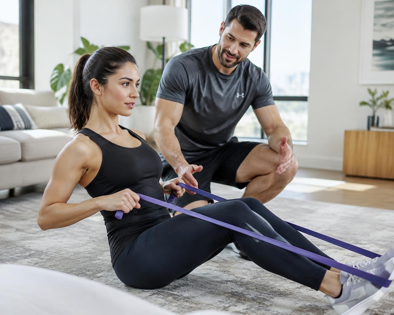 In-home resistance band rows in a Rancho Mission Viejo living room
