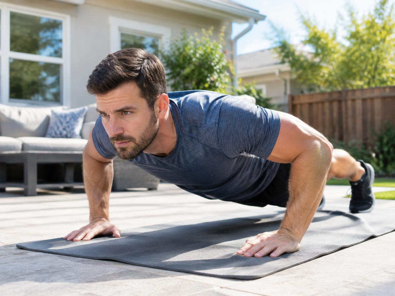 Push-ups on a mat during an at-home workout in Rancho Mission Viejo