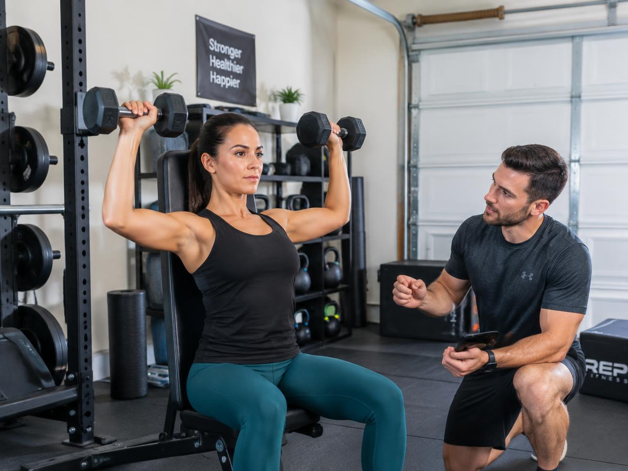 Dumbbell shoulder press in a Rancho Mission Viejo garage home gym