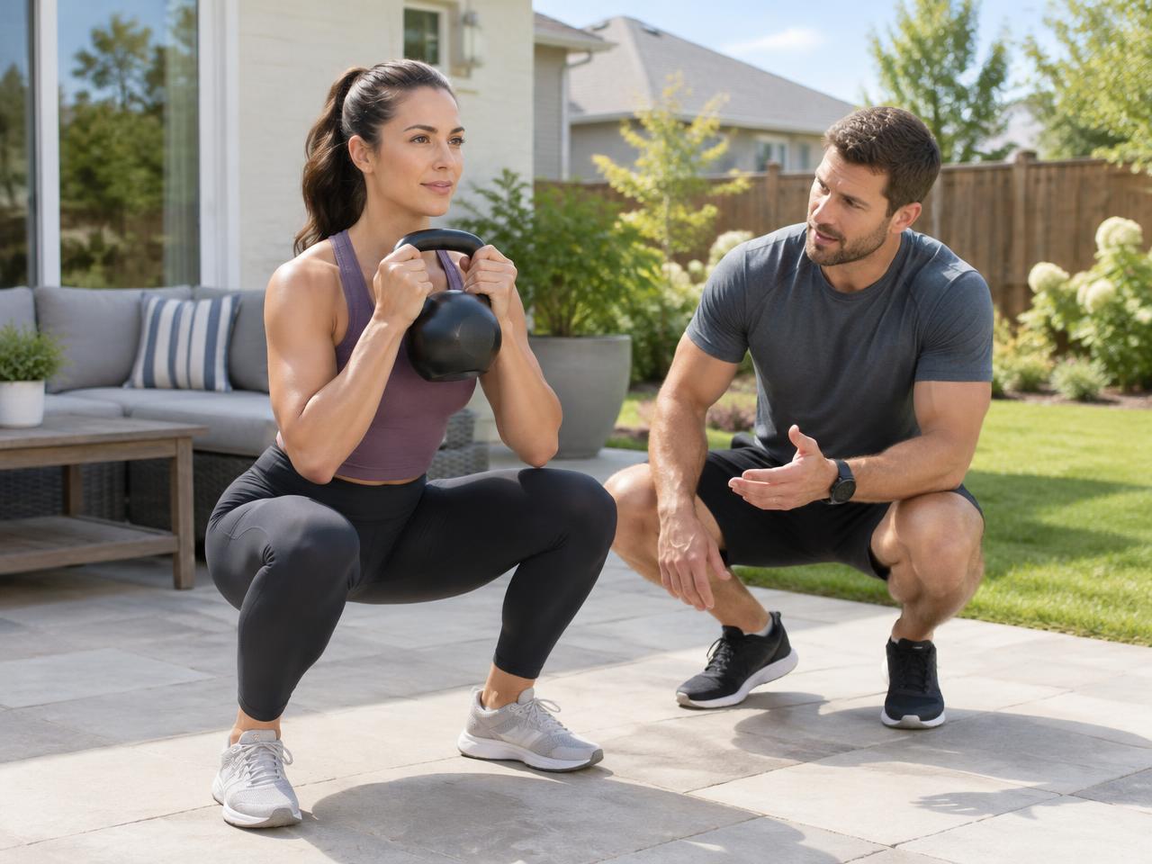 Personal trainer coaching goblet squats on a Rancho Mission Viejo backyard patio