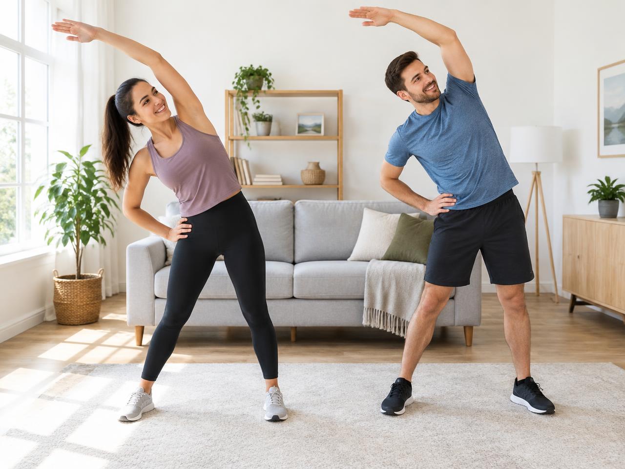 Couple warming up together during in-home personal training in Rancho Mission Viejo