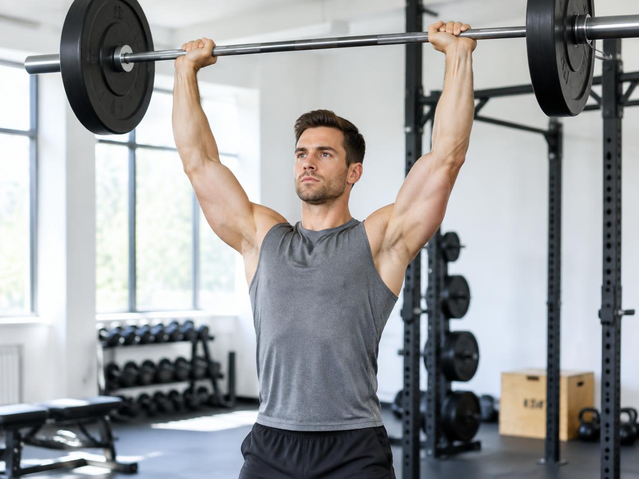 Overhead barbell press for shoulder strength during bodybuilding training in Rancho Mission Viejo